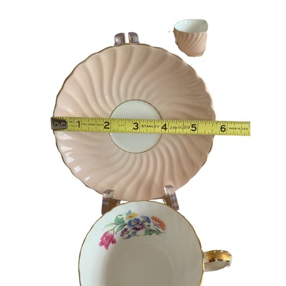 AYNSLEY ENGLAND PASTEL LIGHT PINK SWIRL TEA CUP SAUCER SET FLORAL GOLD RIM #2 Gd - Picture 5 of 14